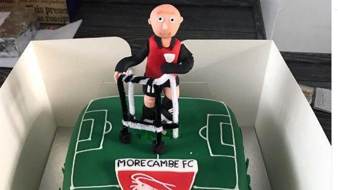 Footballer Kevin Ellison was presented with a cake to mark his 40th birthday in 2019 by his Morecambe team-mates which featured him pushing a Zimmer frame