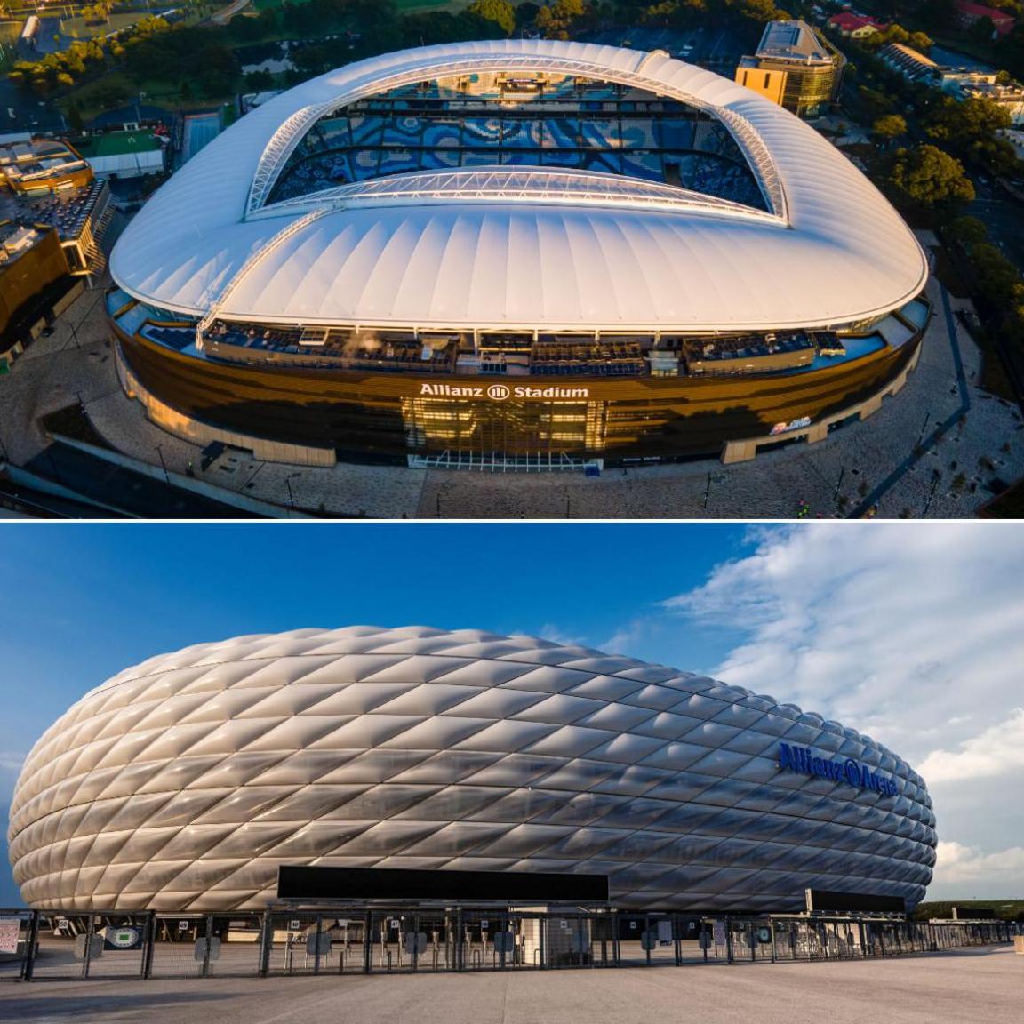 A composite image showing Sydney's Allianz Stadium above Munich's Allianz Arena, for comparison. The first has a flatter façade smoothed with long bronze fins, while the Munich stadium is sculpted by thousands of diamond-shaped inflatable cushions.