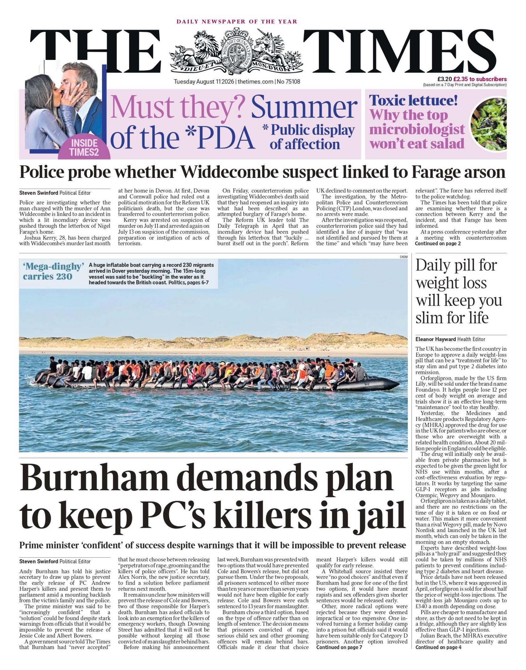 "Burnham demands plan to keep PC's killers in jail," reads the headline on the front page of the Times.