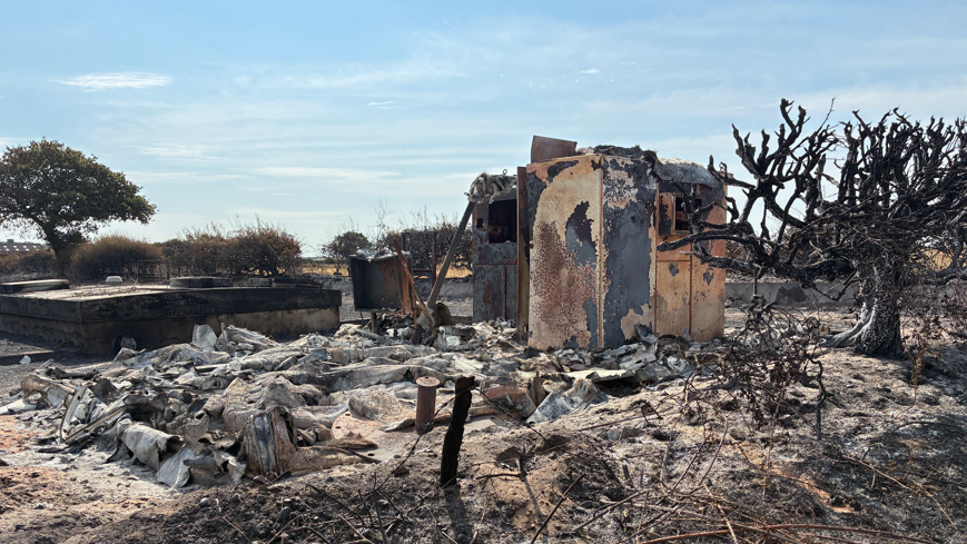 Remains of a small building surrounded by burnt grey remains on charred ground.