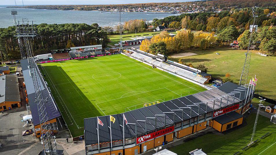 An aerial view of Mjallby's Strandvallen ground in October 2025