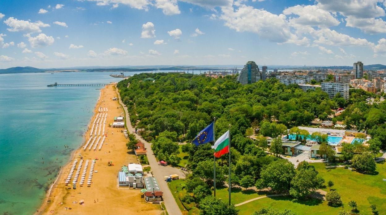 A wide shot of the beachside city of Burgas, Bulgaria next to the Black Sea