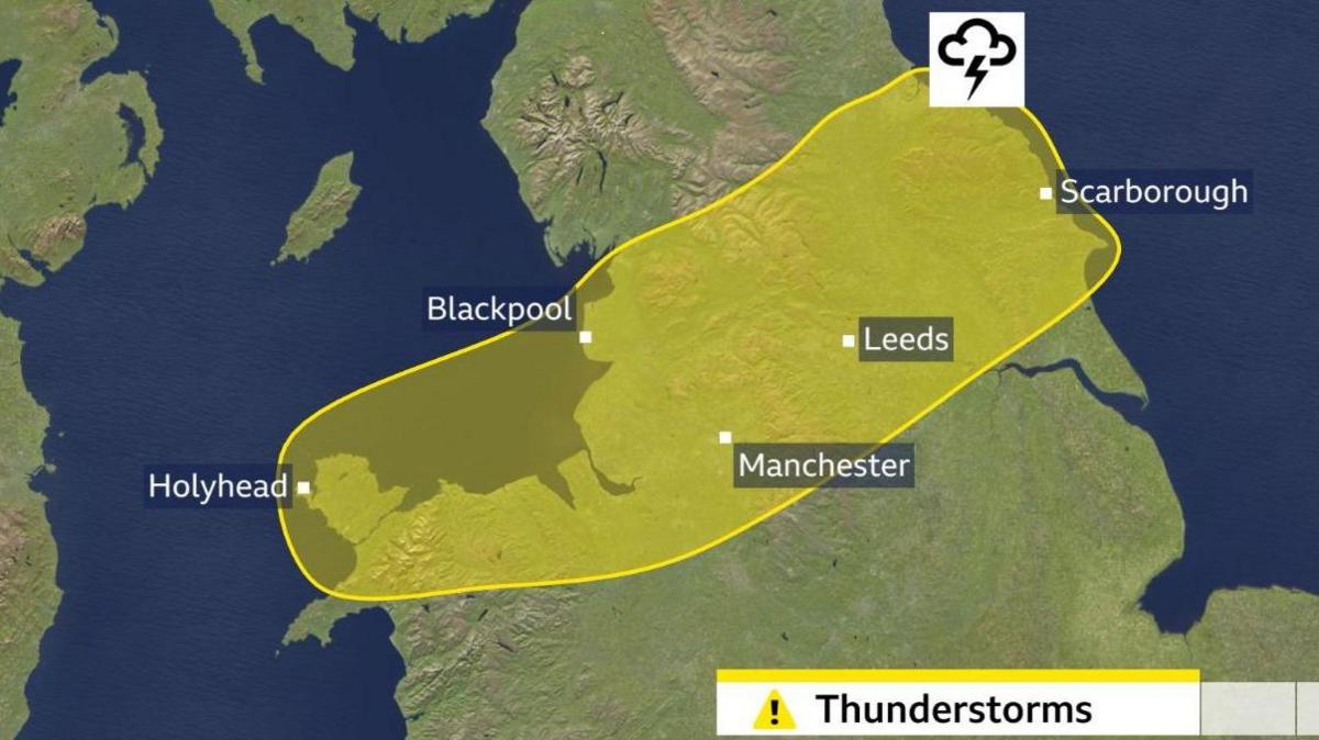 A map showing the Met Office yellow warning area