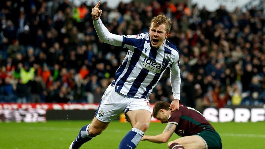 Aune Heggebo celebrates scoring for West Brom in a Championship match against Swansea in November 2025