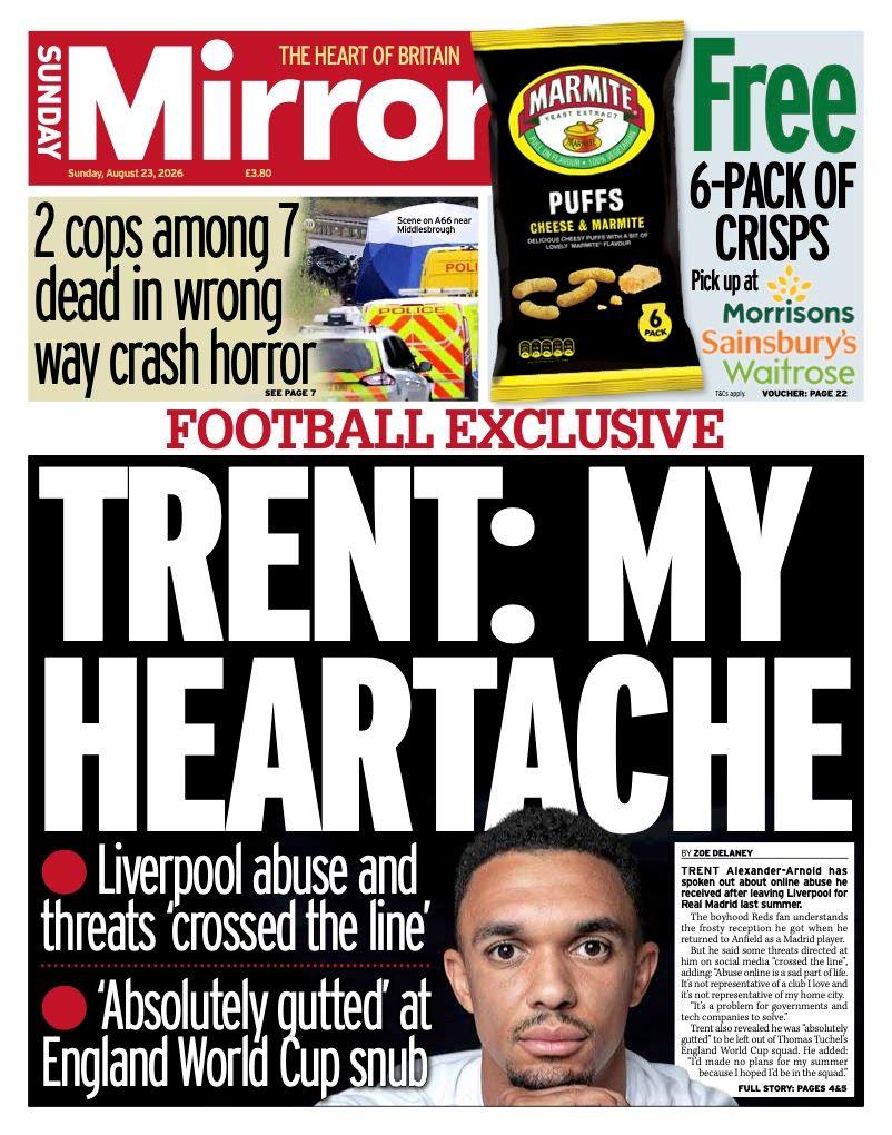 "Trent: My heartache" reads the headline on the front page of the Sunday Mirror.