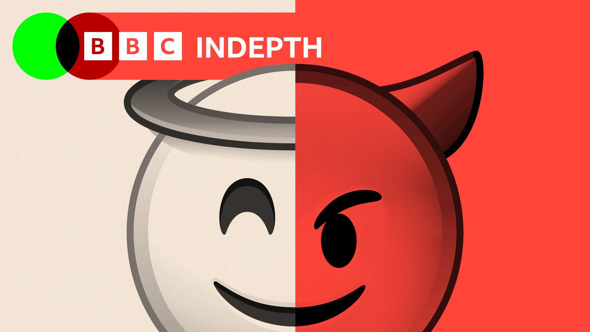 A montage image shows an angel and a devil emoji. The angel side has a beige background and the devil side a red background. The BBC InDepth logo appears in the top left-hand corner.