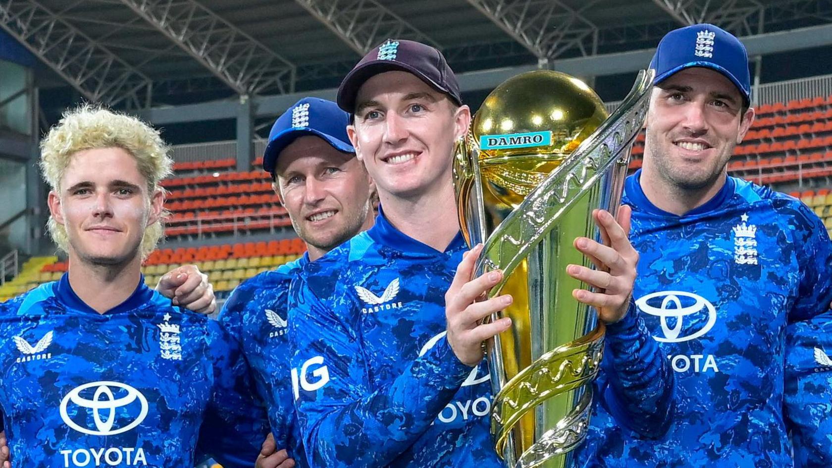 Jacob Bethell, Joe Root, Harry Brook and Jamie Overton celebrate ODI series win in Sri Lanka