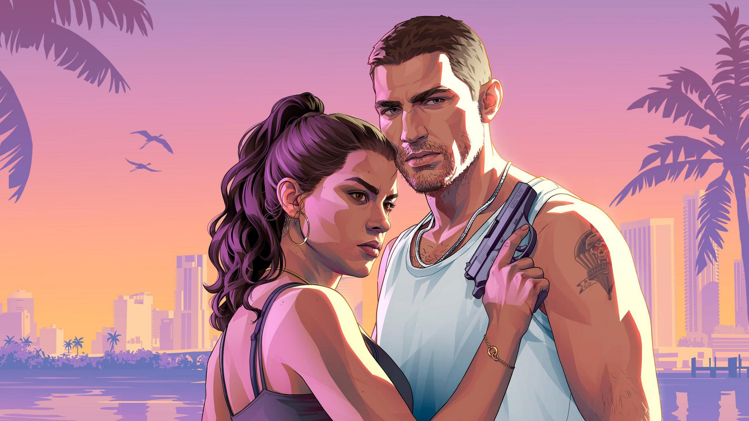 Cover art image for GTA 6 showing playable characters Jason, in a white vest top and chain, and Lucia, with a gun