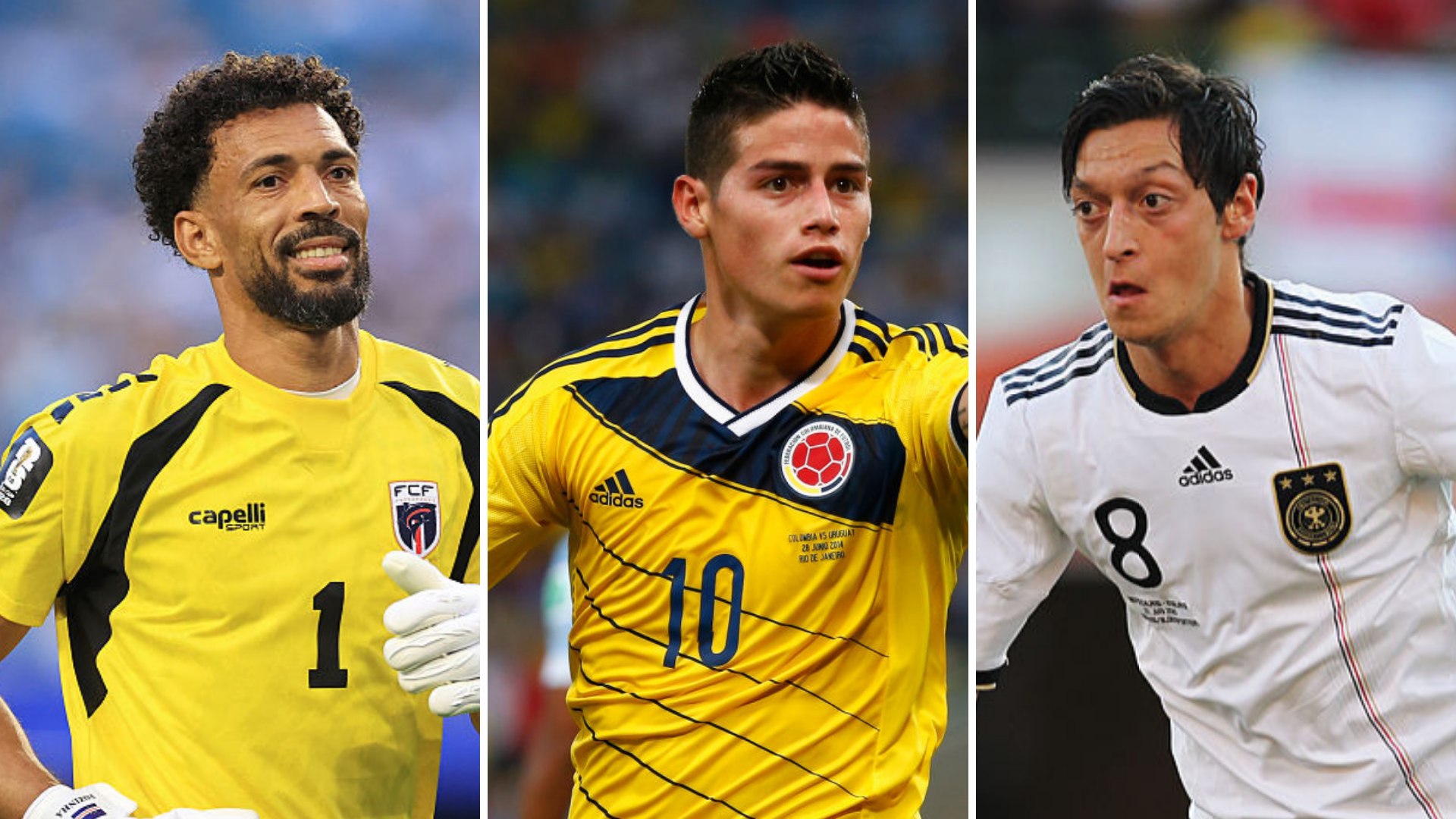 Composite of Cape Verde goalkeeper Vozinha, Colombia's James Rodriguez and Germany's Mesut Ozil