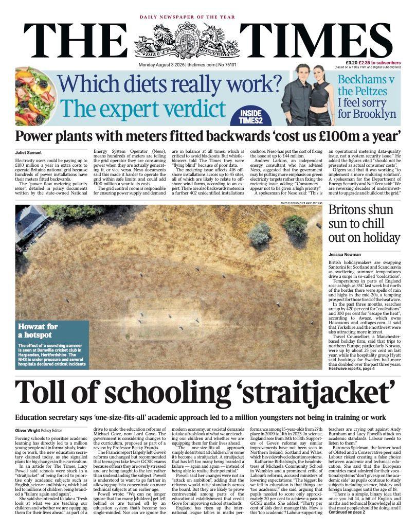 "Toll of schooling 'straitjacket'," reads the headline on the front page of the Times.