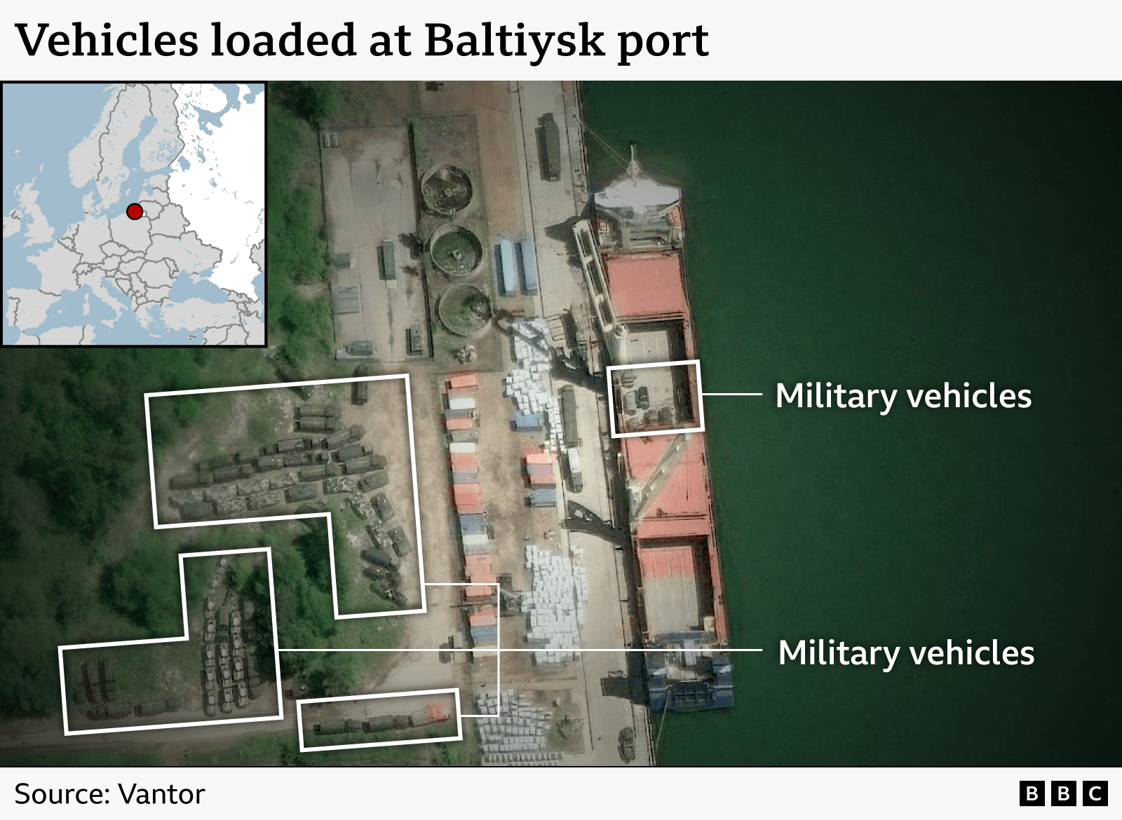 Satellite images showing another Russian tanker loading military vehicles at Russia's Baltiysk port.