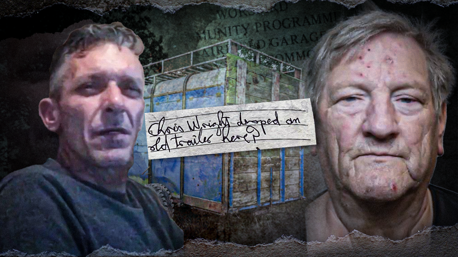 A composite image of Wright (right) and Richard Dyson on the left. The image shows the diary entry and a blue animal trailer in the background.