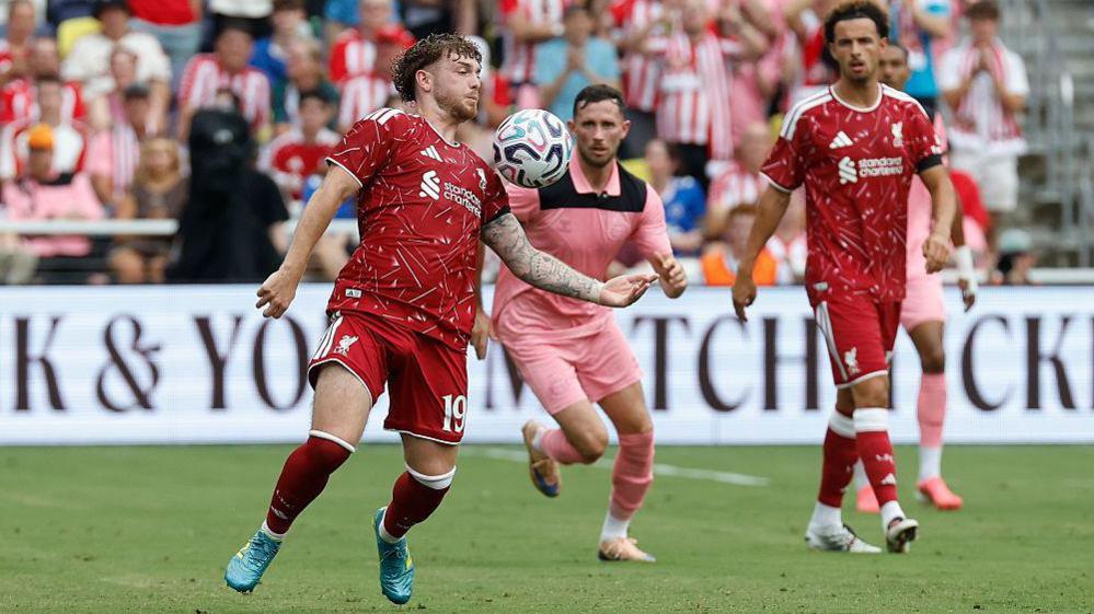 Harvey Elliott controls the ball with his chest during a pre-season game against Sunderland
