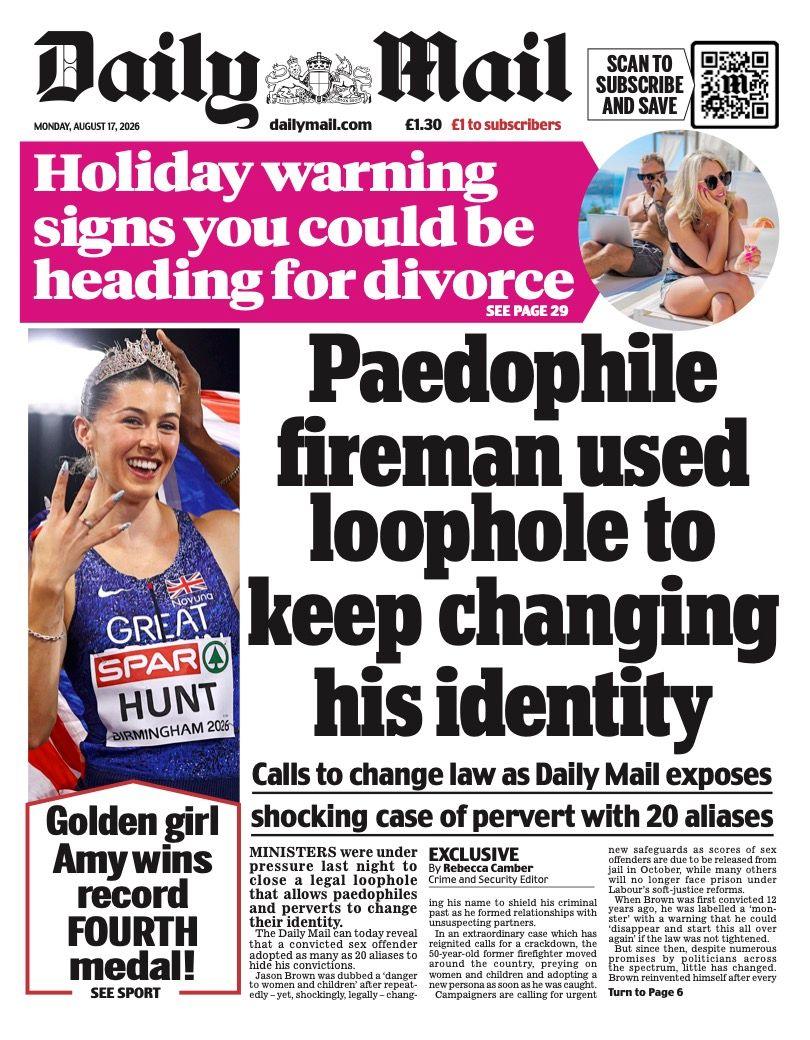 The headline on the front page of the Daily Mail reads: "Paedophile fireman used loophole to keep changing his identity."