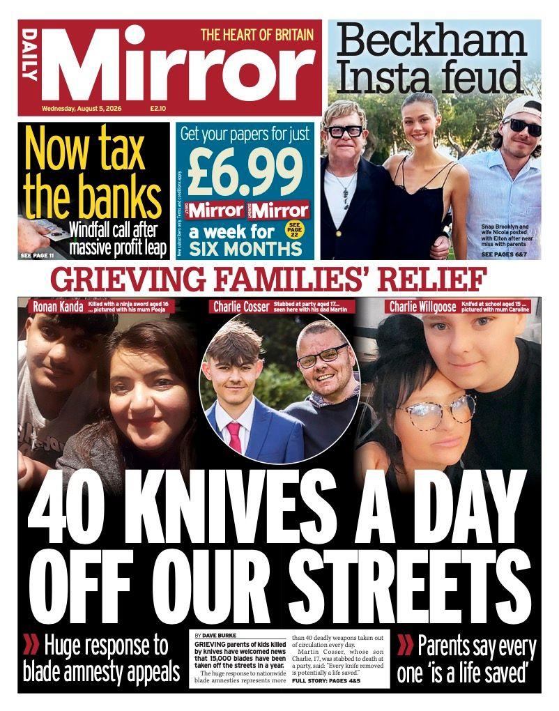"40 knives a day off our streets" reads the headline on the front page of the Daily Mirror.