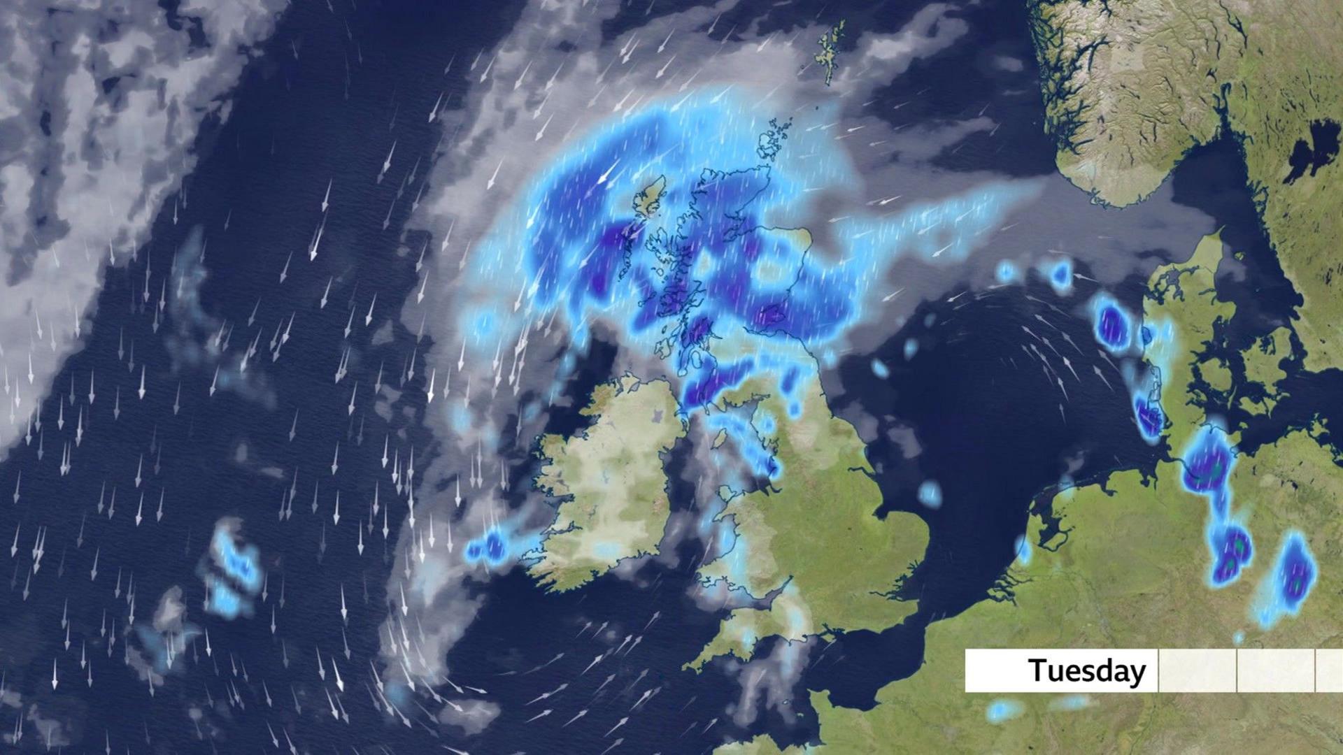 Weather map showing heavy rain across Scotland and northern UK on Tuesday, with lighter showers elsewhere.