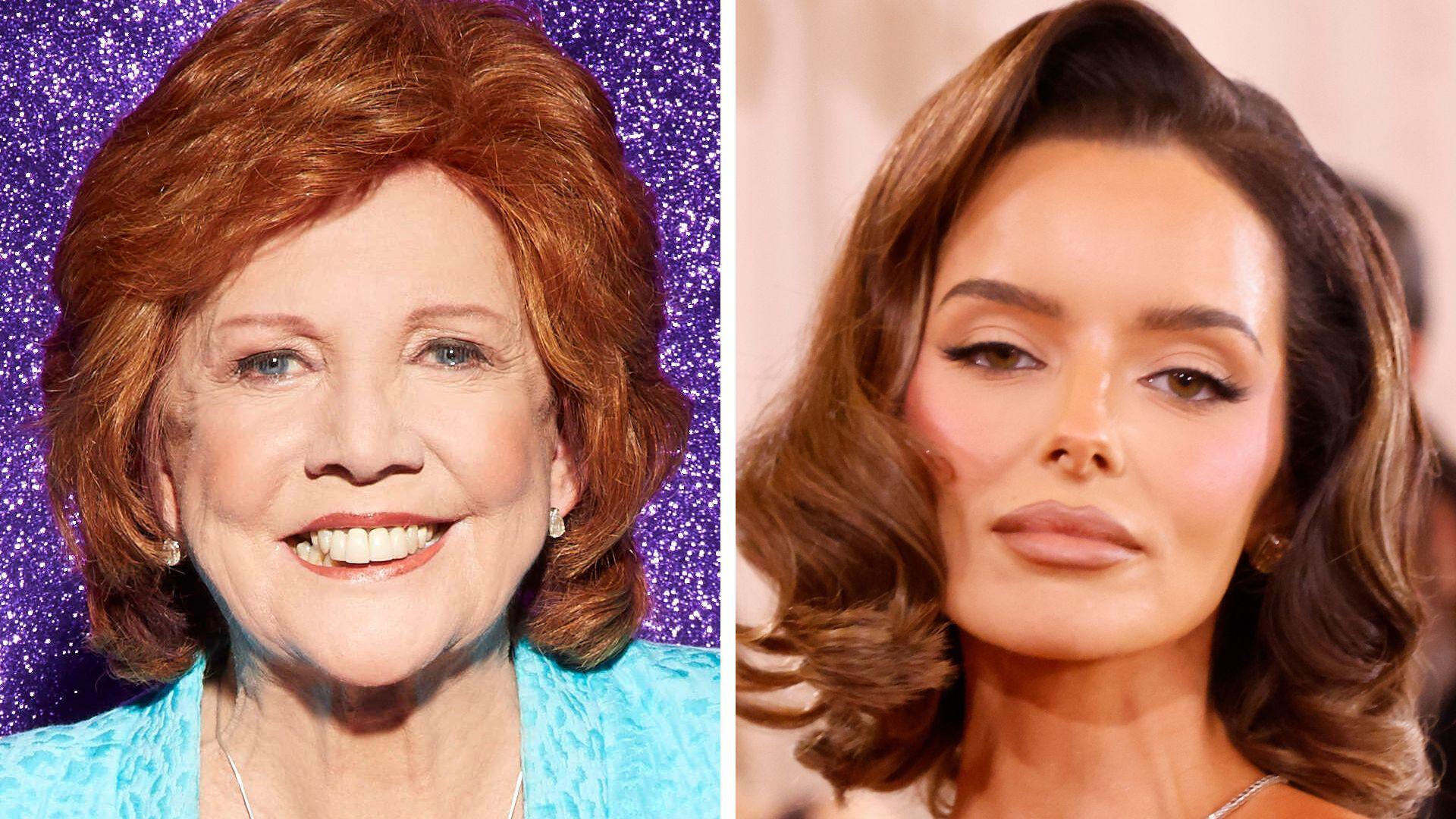 A composite image of Cilla Black in 2013 in front of a sparkly purple background, and Maura Higgins in January 2026