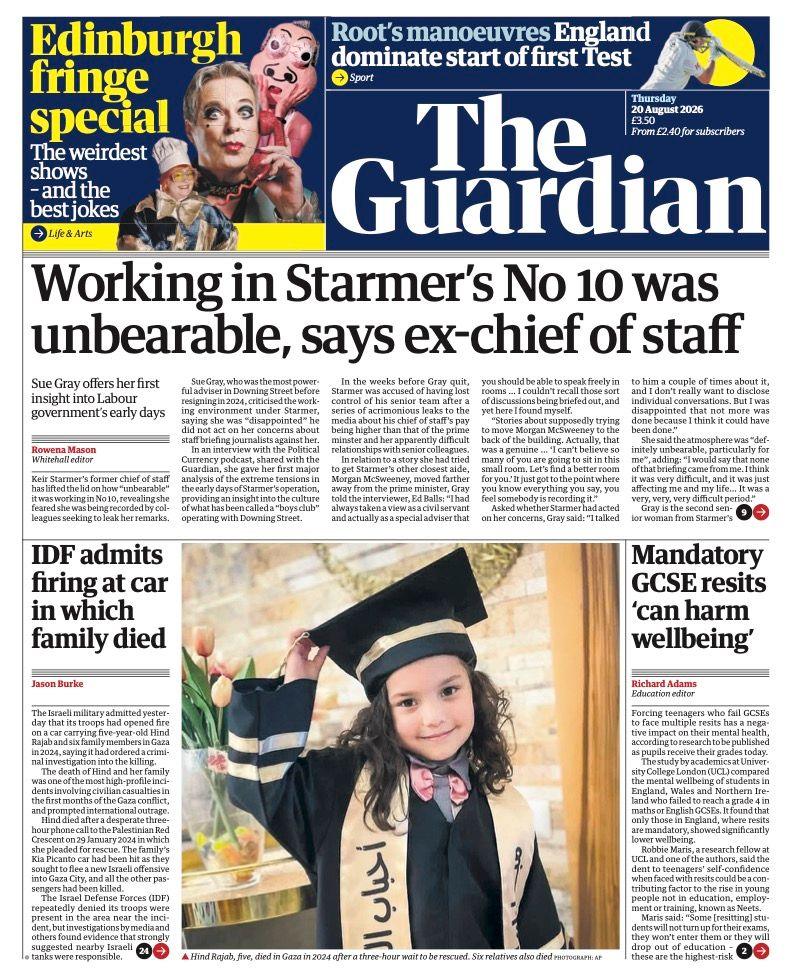 The headline on the front page of the Guardian reads: "Working in Starmer's No 10 was unbearable, says ex-chief of staff."