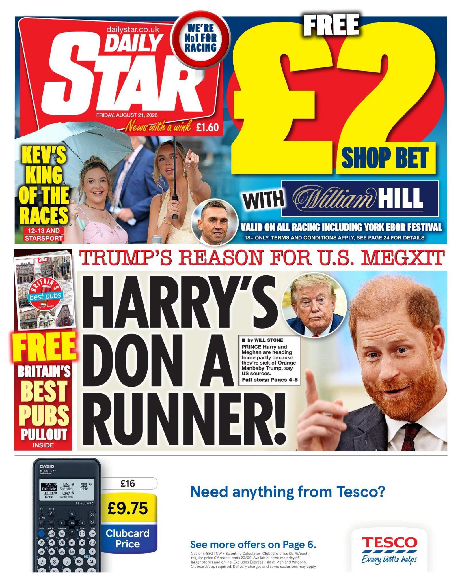 The headline on the front page of the Daily Star reads: "Harry's Don a runner."