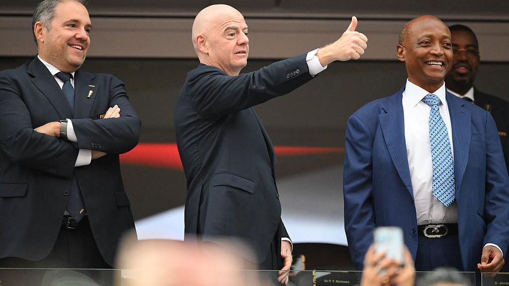 Concacaf president Victor Montagliani, Fifa president Gianni Infantino, and Caf president Patrice Motsepe watched from the stands at the 2026 Fifa World Cup final at MetLife Stadium in New York