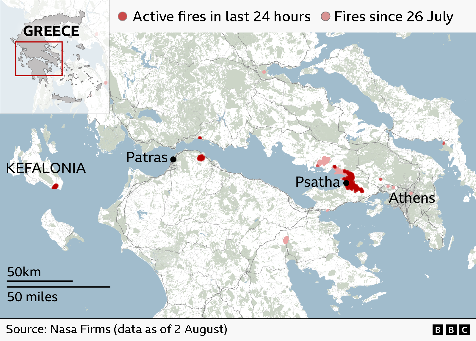 Map of southern Greece showing wildfire activity recorded by NASA FIRMS up to 2 August. Dark red dots mark fires active in the last 24 hours and are heavily concentrated around Psatha, west of Athens, where the largest cluster is visible. Smaller active fire clusters appear near Patras on the Gulf of Corinth and on the island of Kefalonia. Pale red dots indicate fires detected since 26 July, scattered across the wider region, including around Athens, central Greece and parts of the Peloponnese. Source: Nasa Firms data.