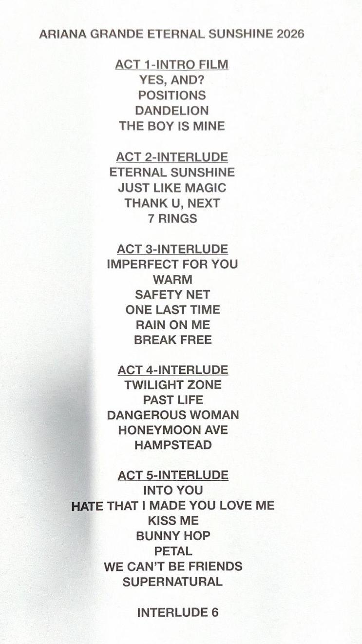 Setlist for Ariana Grande's Eternal Sunshine tour on 15 August 2026