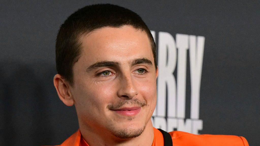 Chalamet wearing orange and smiling