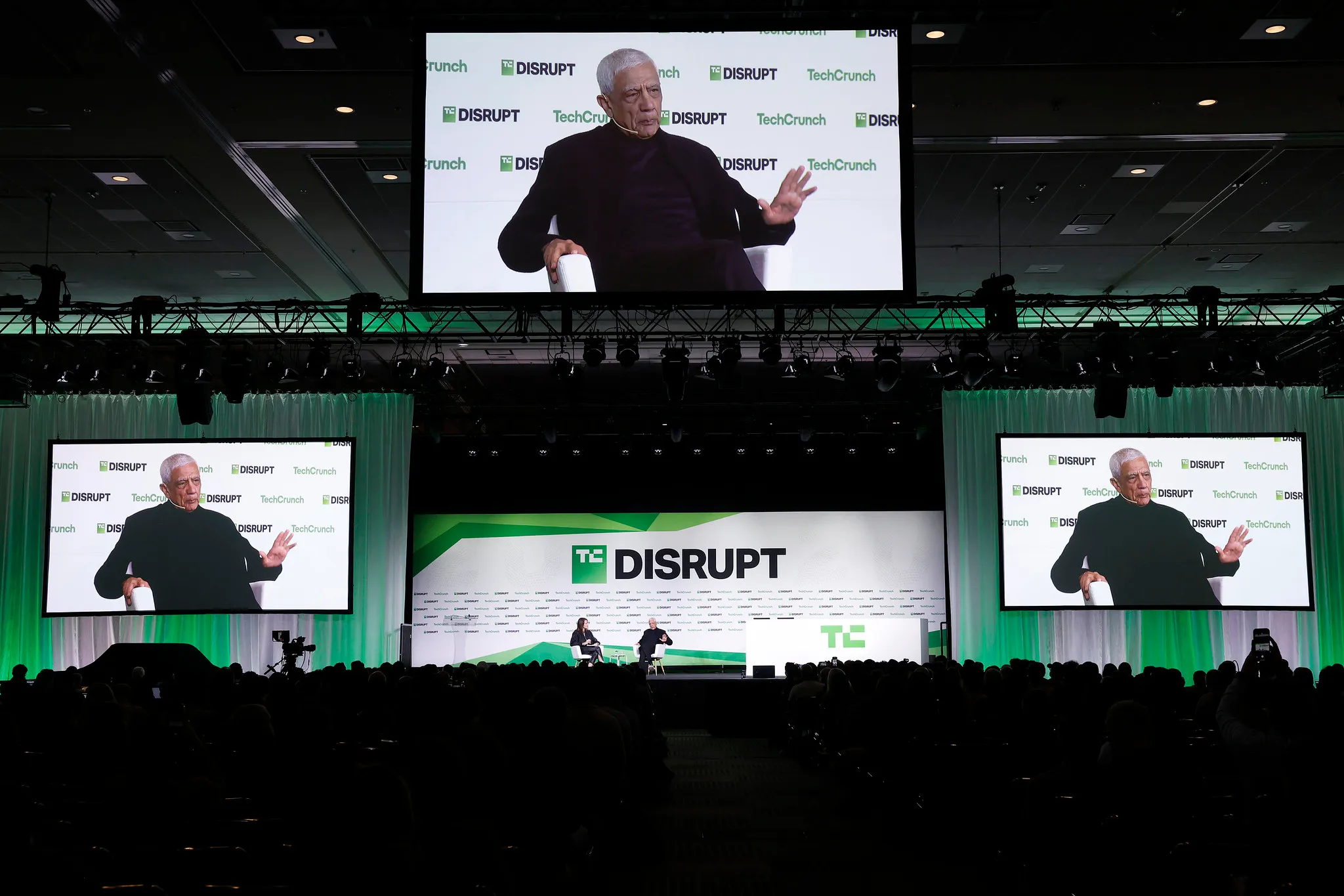 SAN FRANCISCO, CALIFORNIA - OCTOBER 28: (L-R) Connie Loizos, Editor-in-Chief & GM of TechCrunch, and Vinod Khosla, Founder, Khosla Ventures, speak onstage during day two of TechCrunch Disrupt 2025 at Moscone Center on October 28, 2025 in San Francisco, California. (Photo by Kimberly White/Getty Images for TechCrunch)