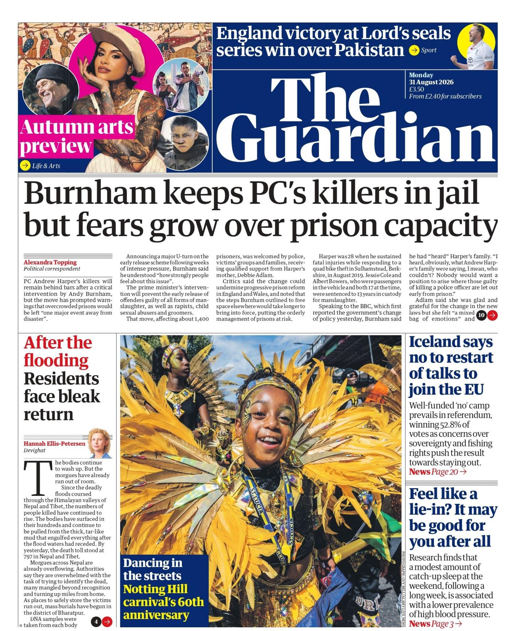 "Burnham keeps PC's killers in jail but fears grow over prison capacity," reads the headline on the front page of the Guardian.