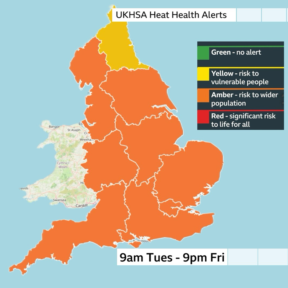 Map showing most of England covered under an amber heat-health alert. North-east England is the only area under a yellow alert