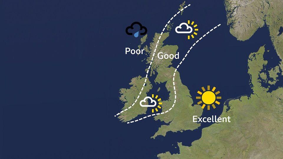 Image of the UK split into three regions showing expected viewing conditions for the solar eclipse: poor conditions across western Scotland and western Northern Ireland: good for eastern Northern Ireland, North Wales and north-west England and central and eastern Scotland; excellent for South Wales, south-west, central, north-east and south-east England
