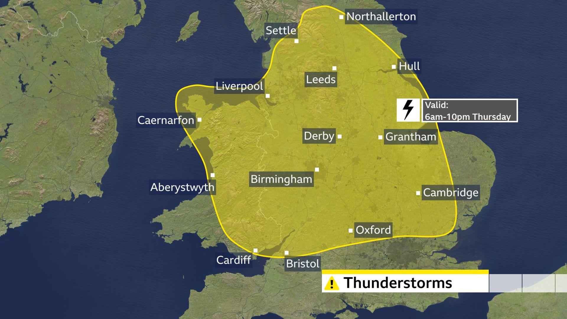 A Met Office yellow weather warning area for thunderstormswhich shows Cardiff, Bristol and Oxford within the warning area in the south and Liverpool and Leeds in the warning area further north.