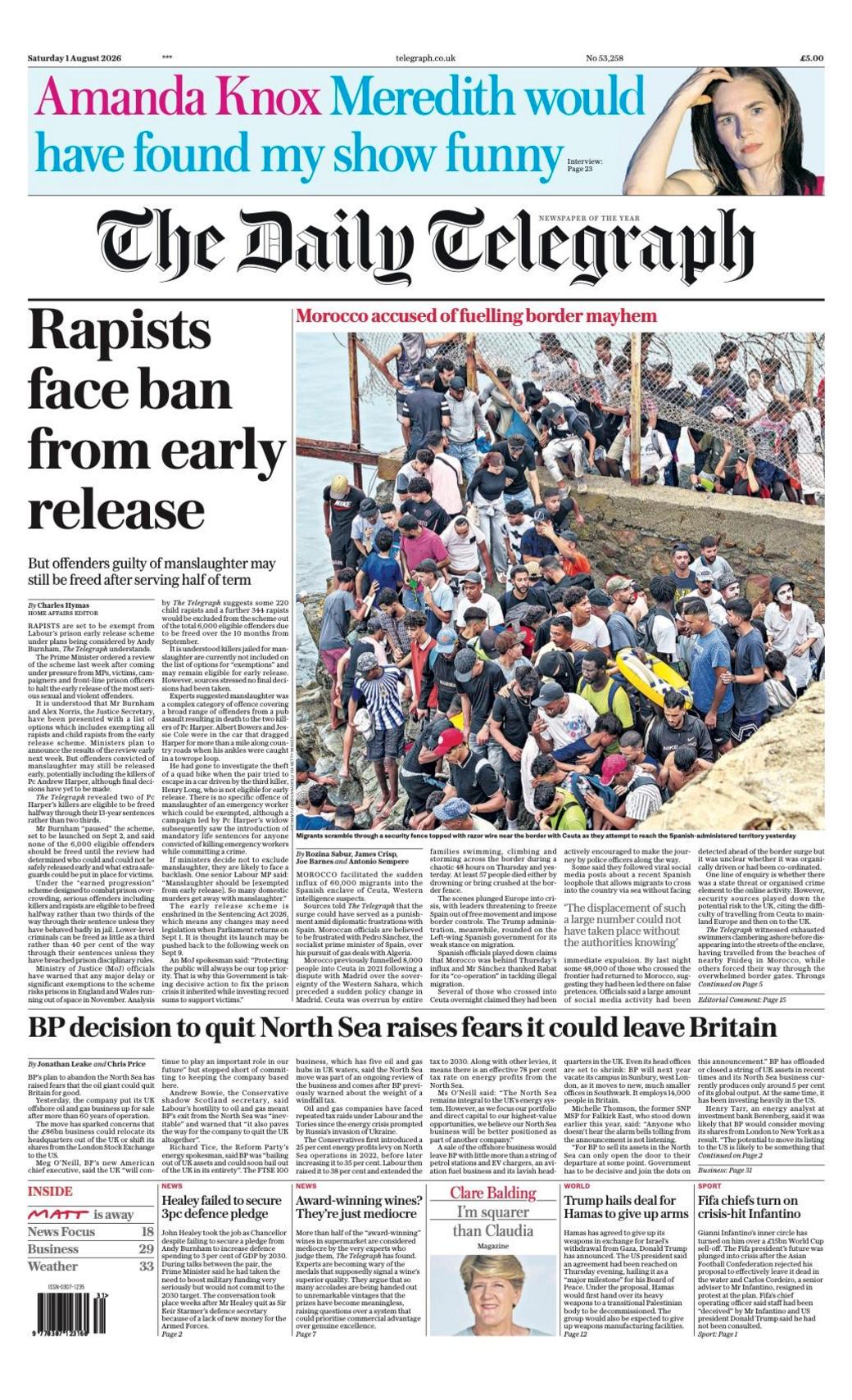 The headline on the front page of the Daily Telegraph reads: "Rapists face ban from early release."