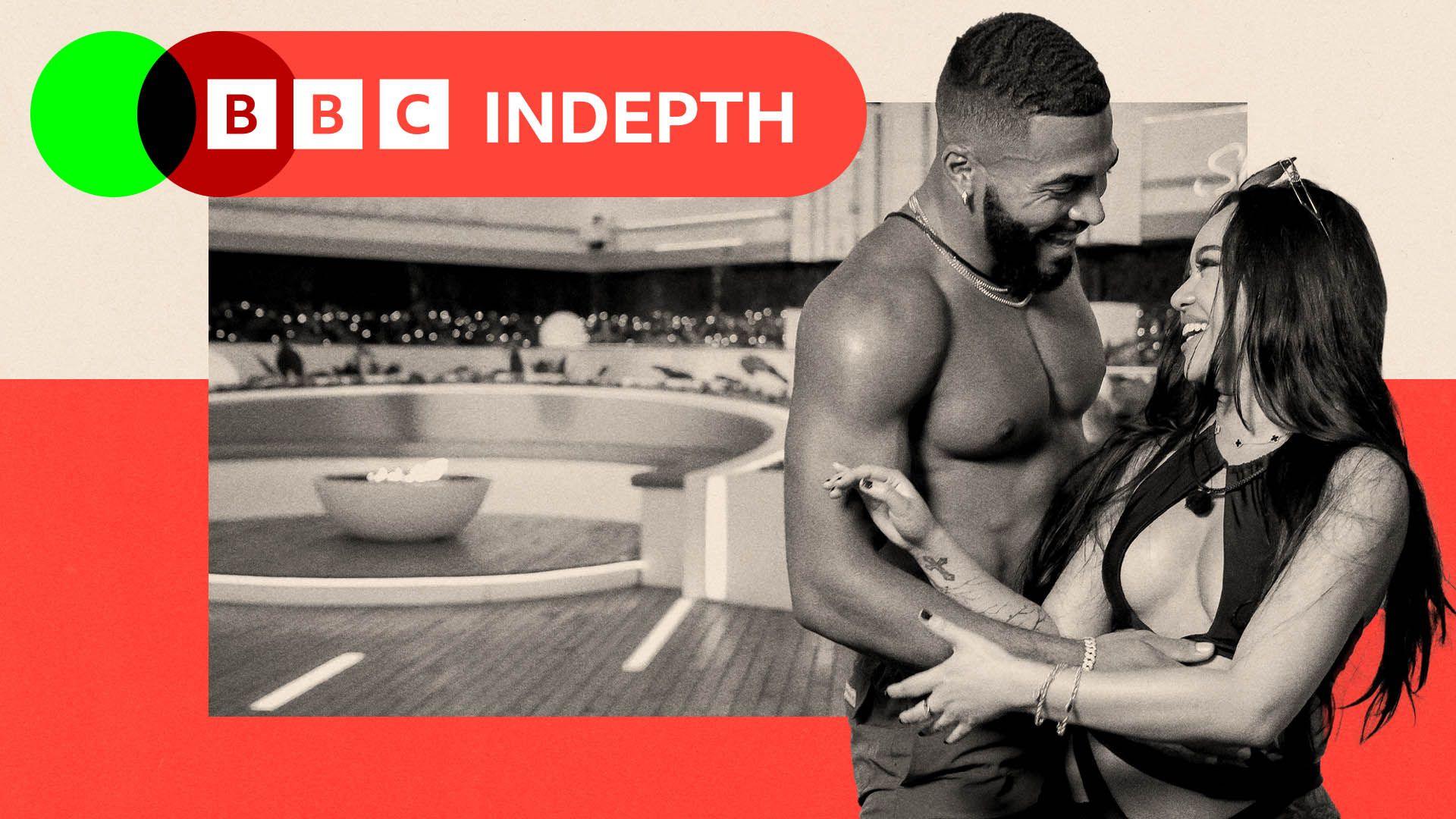 A treated image of the Love Island firepit with a image of couple edited on the side