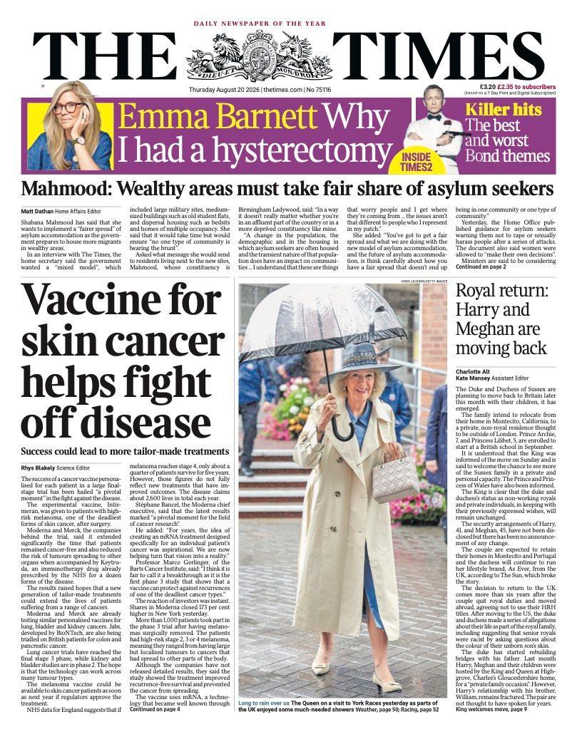The headline on the front page of the Times reads: "Royal return: Harry and Meghan are moving back."