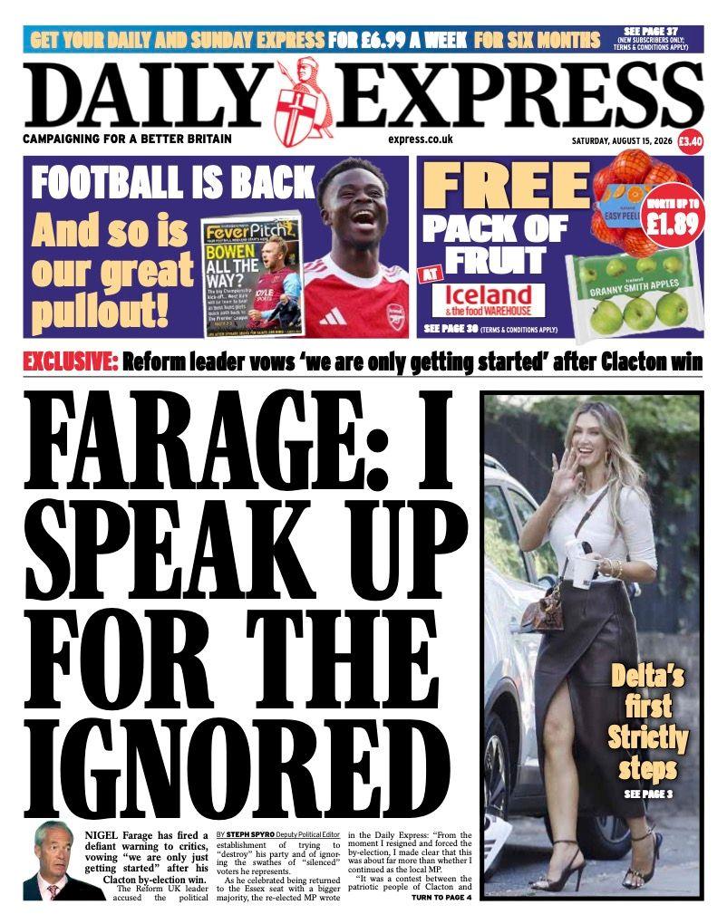 "Farage: I speak up for the ignored" reads the headline on the front page of the Daily Express.