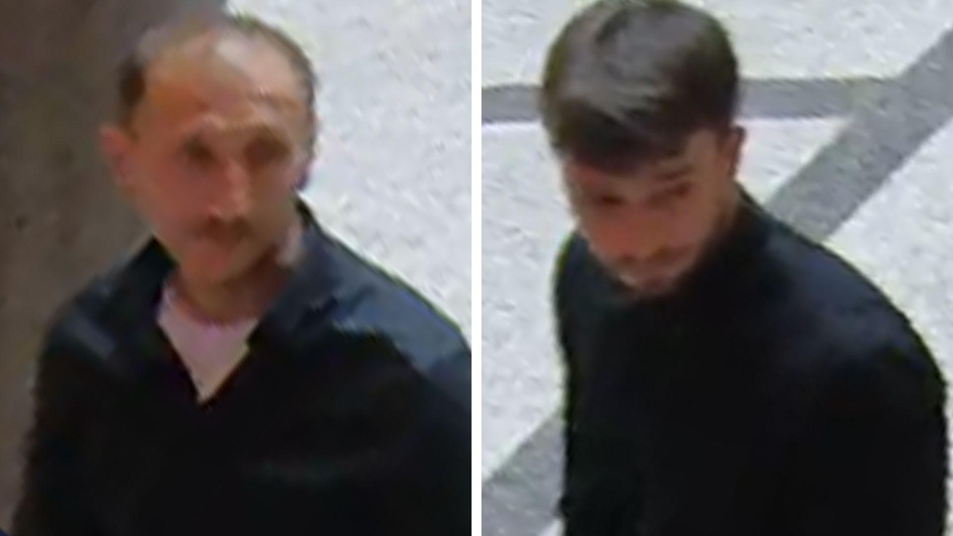 Grainy stills of two men walking through an atrium wearing dark tops.