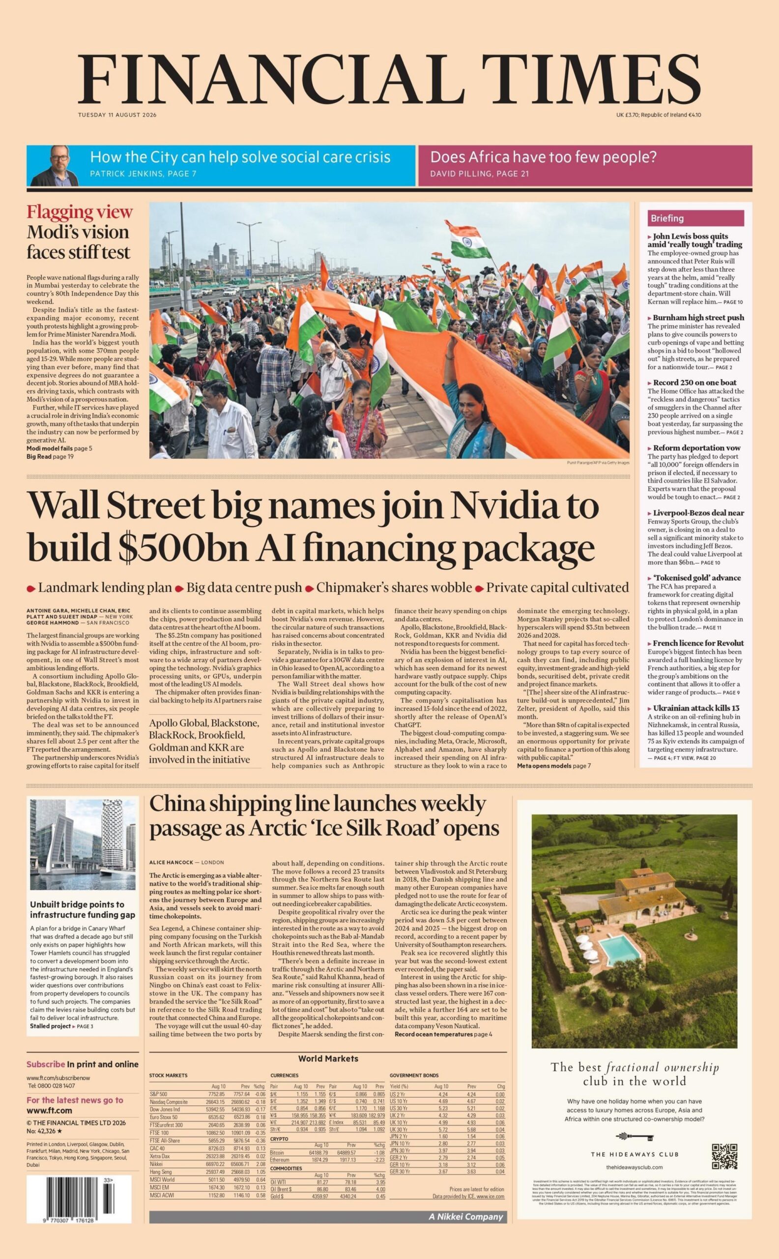 "Wall Street big names join Nvidia to build $500bn (£370bn) AI financing package," reads the headline on the front page of the Financial Times.