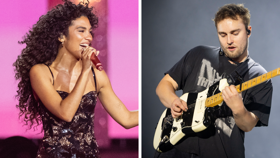 Picture of Olivia Dean on the left set against a pink backdrop, performing in a sparkly black dress with a composite of Sam Fender to the right in a black t-shirt with a black and white striped guitar.