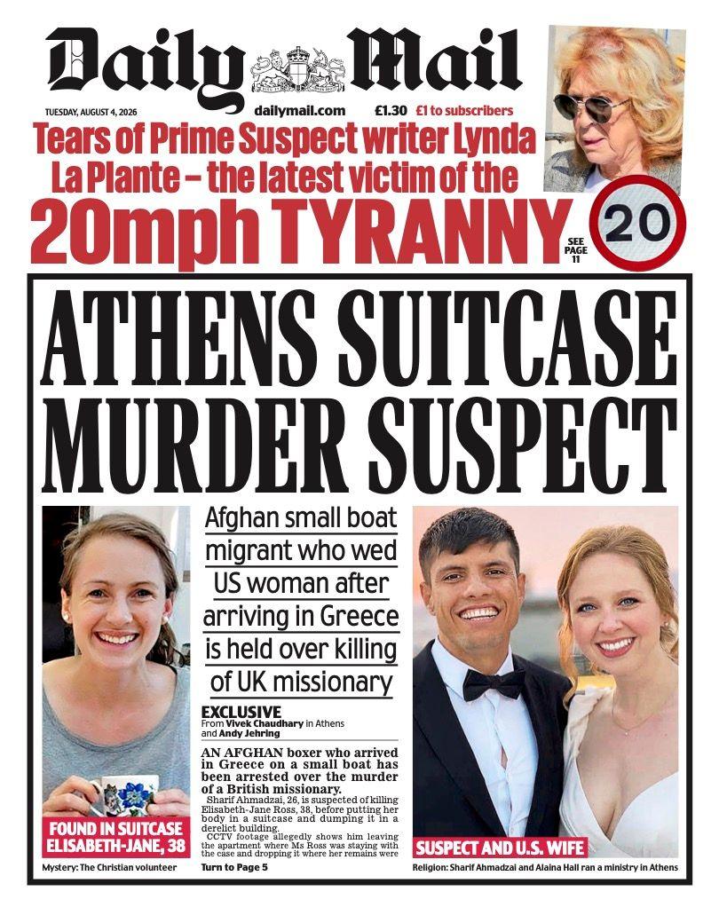 "Athens suitcase murder suspect" reads the headline on the front page of the Daily Mail.