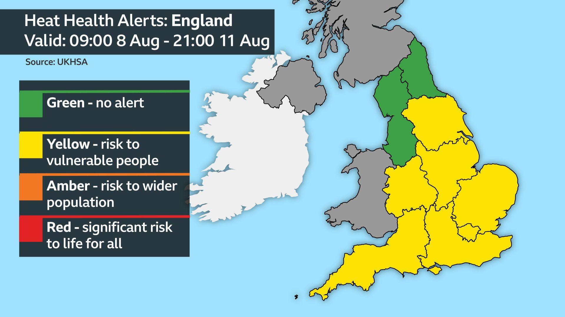 Graphic showing the heat-health alerts from the UK's Health Security Agency with all of England, except north-west and north-east England under a yellow alert