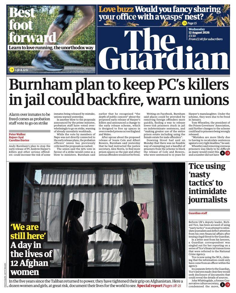 The headline on the front page of The Guardian reads: "Burnham plan to keep PC's killers in jail could backfire, warn unions."