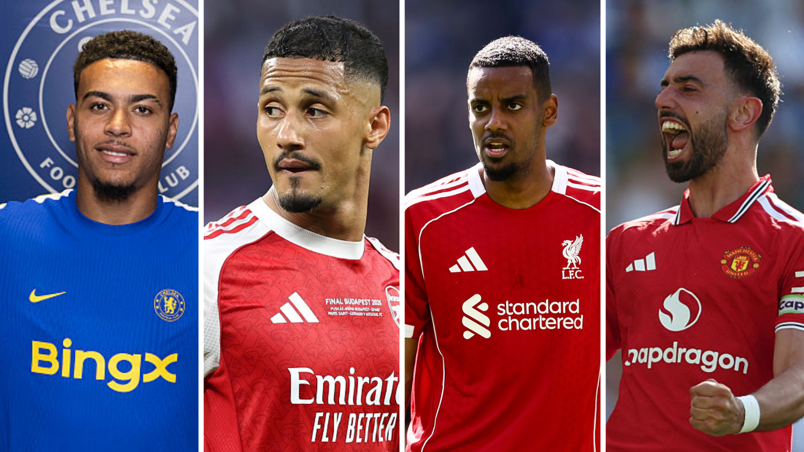 Split picture of Morgan Rogers, William Saliba, Alexander Isak and Bruno Fernandes