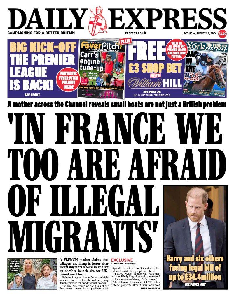 "In France we too are afraid of illegal migrants" reads the headline on the front page of the Daily Express.