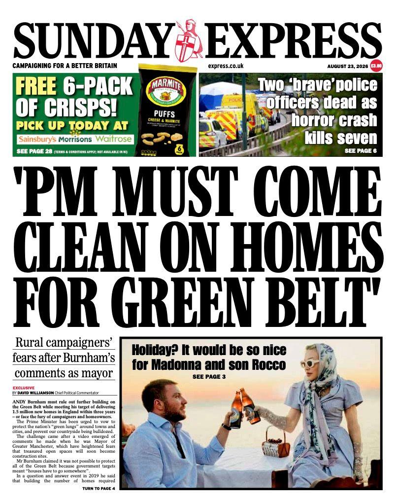"'PM must come clean on homes for green belt'," reads the headline on the front page of the Sunday Express.