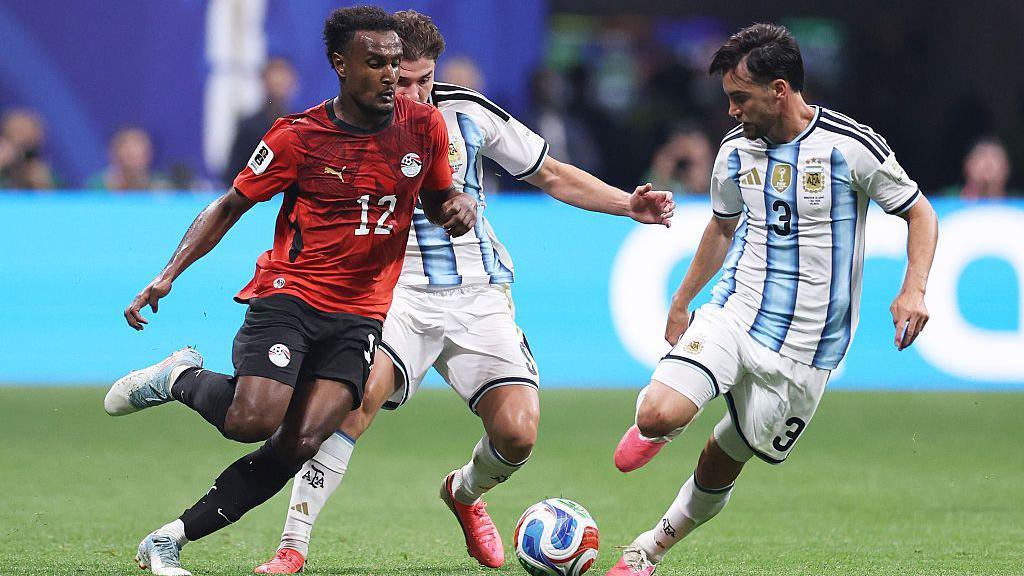 Haissem Hassan playing for Egypt against Argentina at the 2026 World Cup