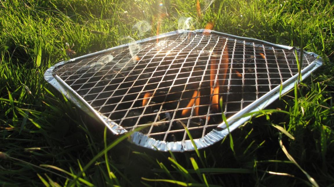 A disposable barbecue pictured in a park