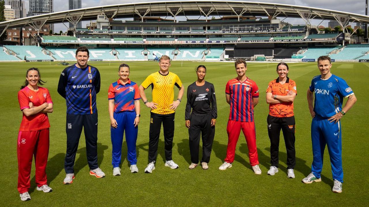 Players wearing Welsh Fire, London Spirit, Southern Brave, Trent Rockets, Birmingham Phoenix, Manchester Super Giants, Sunrisers Leeds, MI London kits
