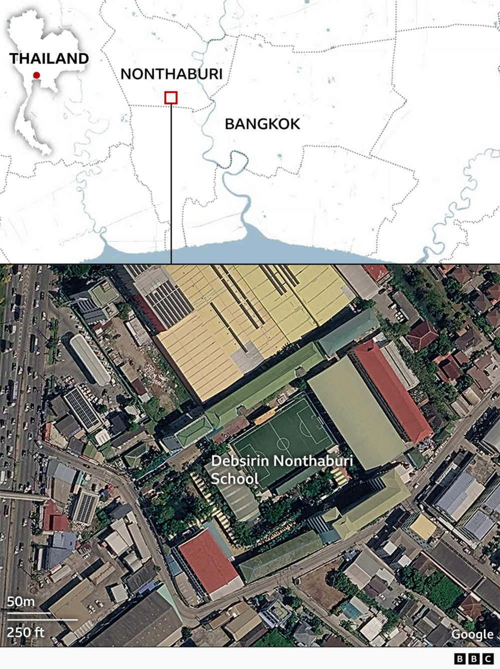 Map showing the school marked on the map in Nonthaburi, west of Bangkok