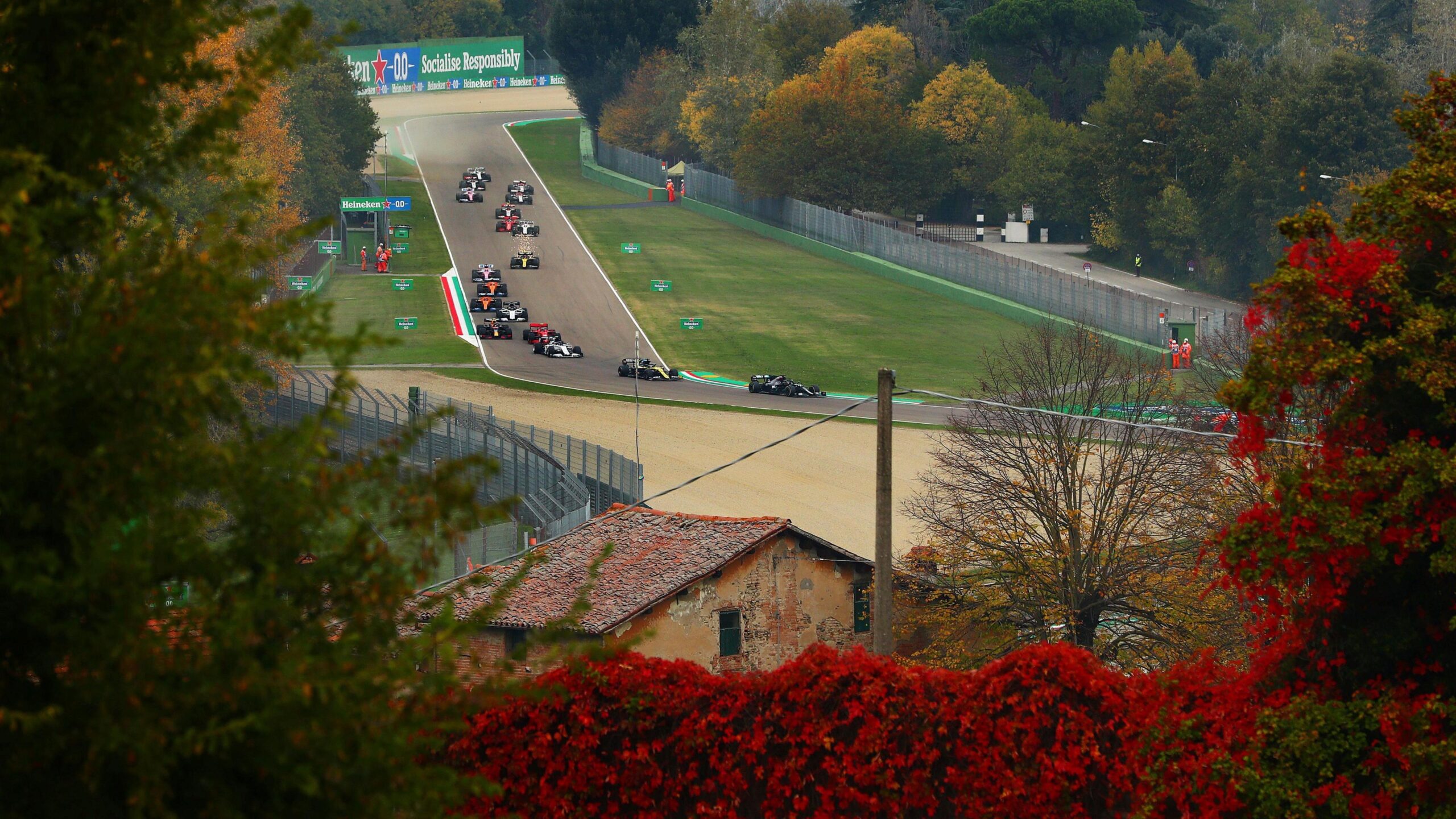 Cars come out of the Tamburello chicane during the 2020 Emilia Romagna Grand Prix at Imola